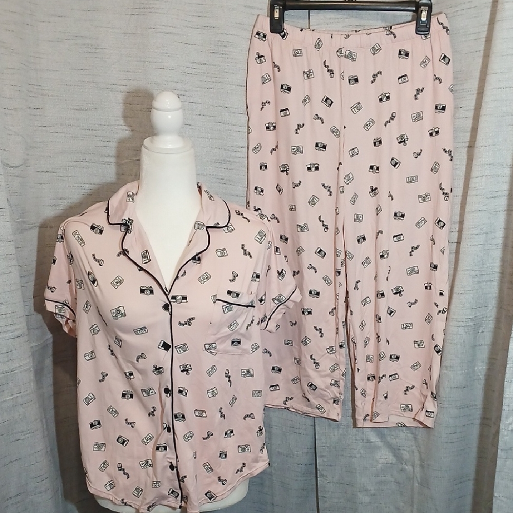 Kate Spade Pink/ Black Camera Print Pajama Set Sz S-Ch